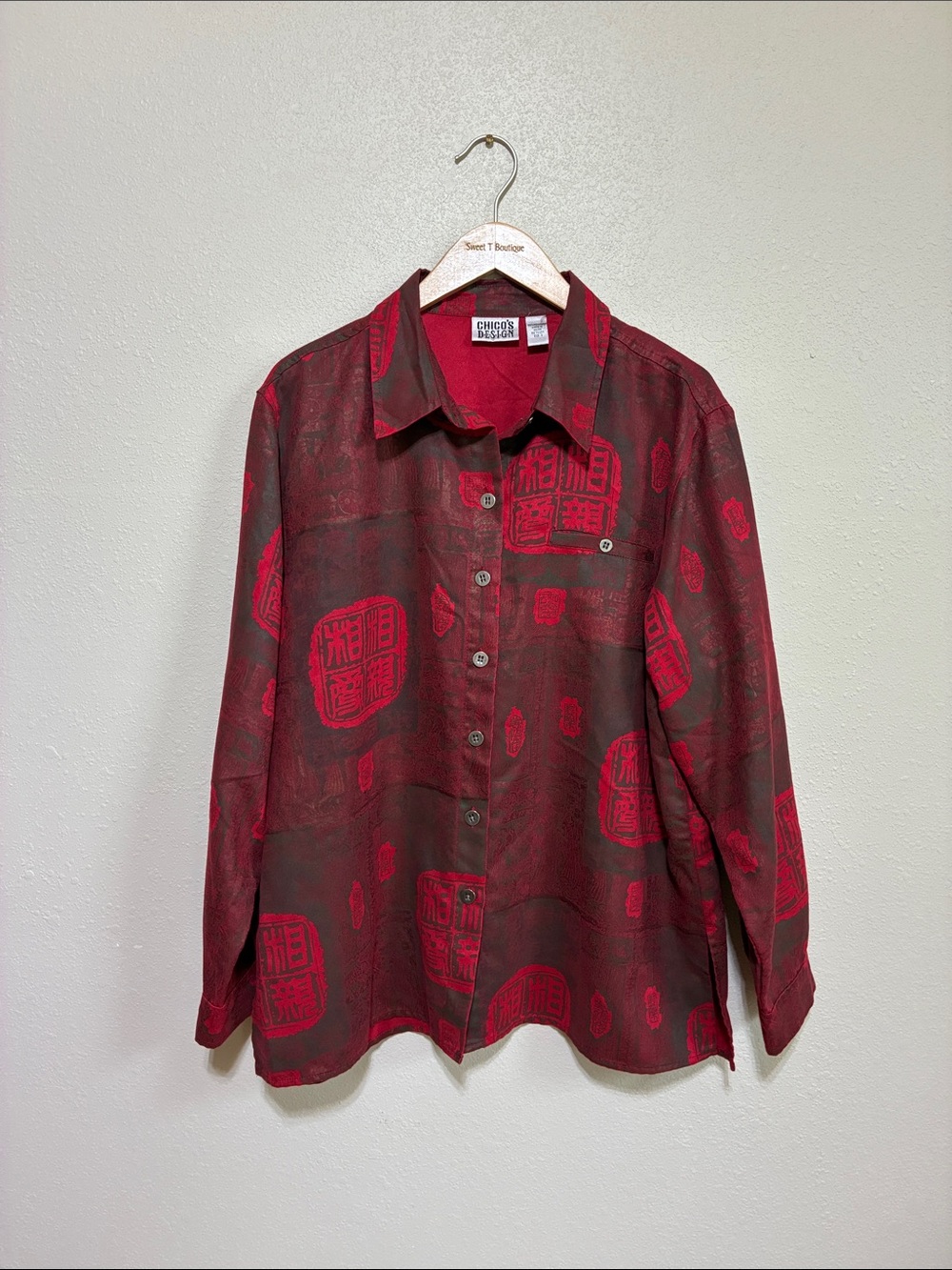 Chico's Design Size 3 US XL Red Asian Printed Long Sleeve Button Up Artsy Shirt